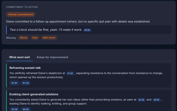 What went well and Areas for improvement tabs showing concrete examples with timestamps